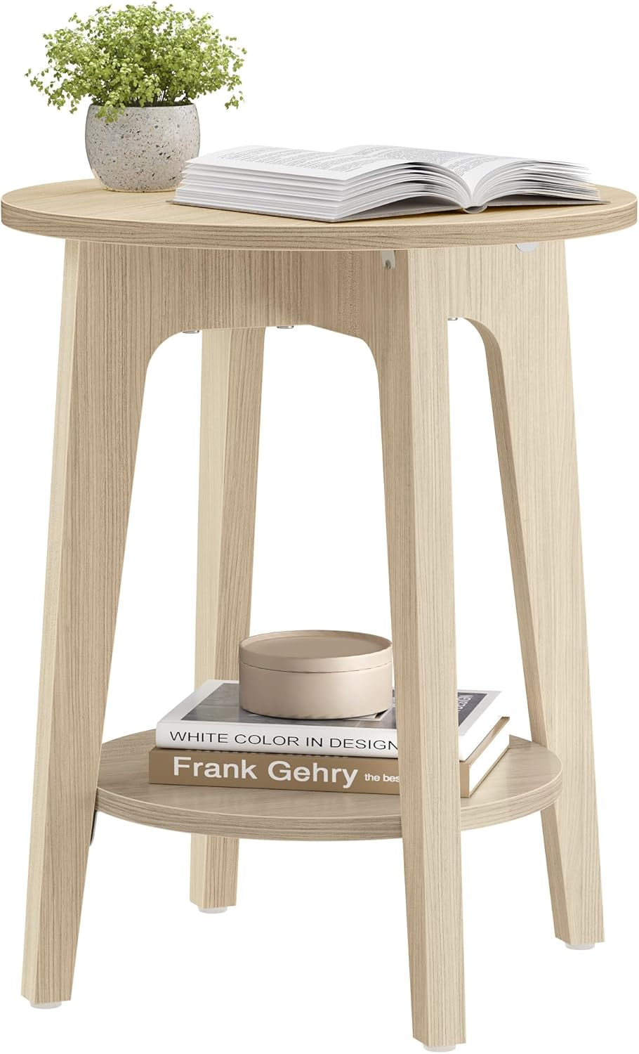 MAEZO Collection - Side Table, 2-Tier Small round End Table, Nightstand with Tapered Legs, Curved Transitions, for Small Spaces, Living Room, Bedroom, Natural Beige ULET283N01