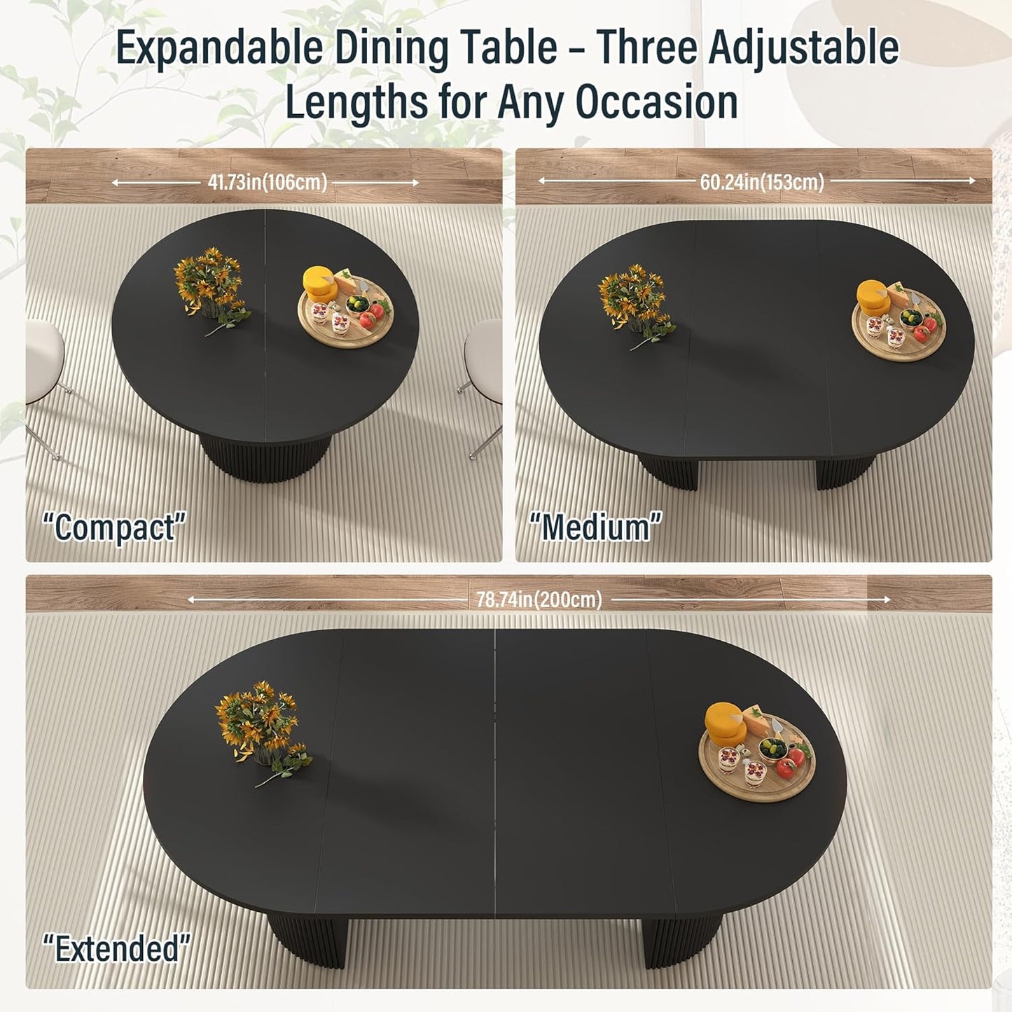 41 In-78 in Extendable Dining Room Table for 4-8, round Expandable Kitchen Table with Fluted Base, Modern Oval Dinner Tables for Dining Room Kitchen Living Room (Black)