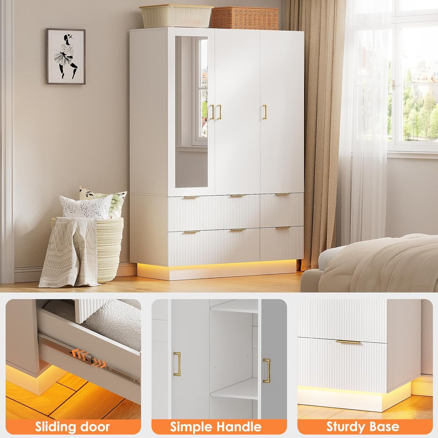 Armoire Wardrobe Closet with 3 Door, Bedroom Armoires with Mirror and LED Lights, Hanging Rod, Drawers, Large Capacity Storage Wardrobe Armoire for Bedroom