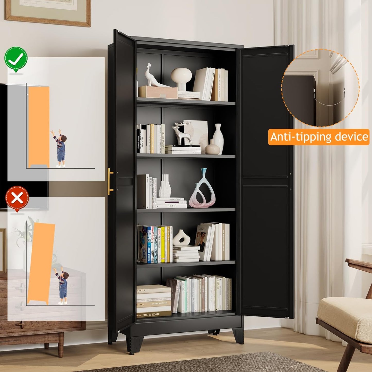 71" Tall Metal Pantry Storage Cabinet with Doors and 4 Adjustable Shelves, Black Kitchen Food Pantry Cabinets, Tall Freestanding Cupboard for Kitchen, Dining Room or Living Room, Black