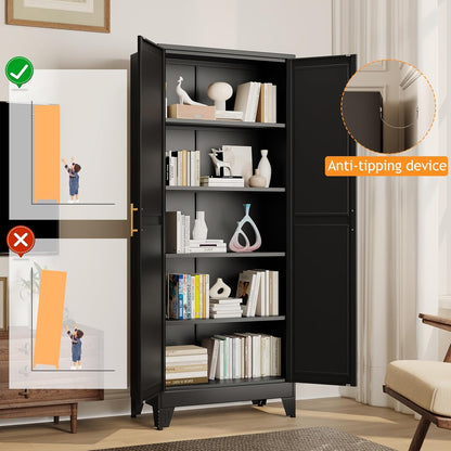 71" Tall Metal Pantry Storage Cabinet with Doors and 4 Adjustable Shelves, Black Kitchen Food Pantry Cabinets, Tall Freestanding Cupboard for Kitchen, Dining Room or Living Room, Black