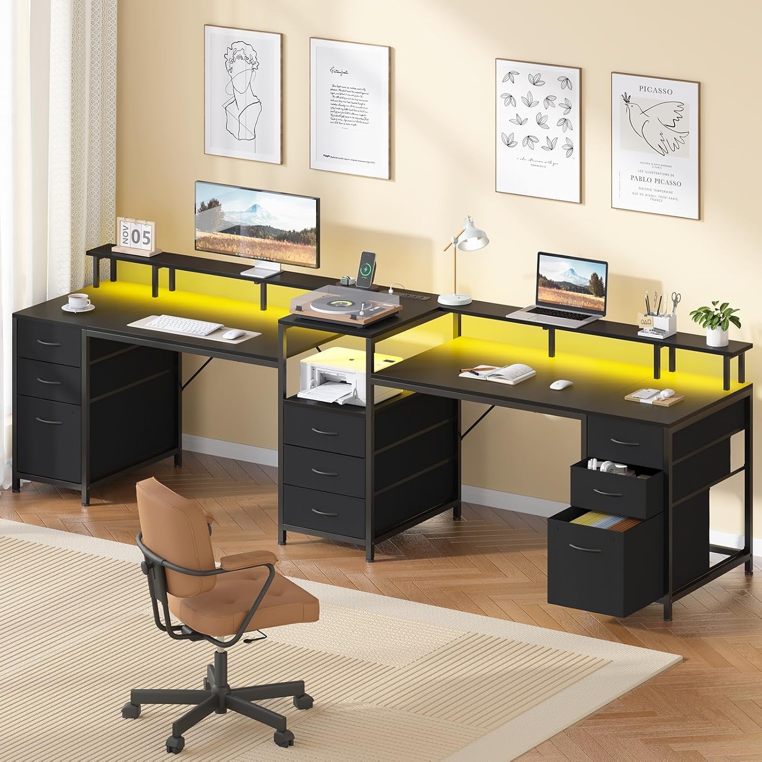 98.4" Long Computer Desk with 9 Drawers, 2 Person Gaming Desk with LED Lights & Power Outlet, Two Person Home Office Desk with Storage, Printer Shelf ＆ Monitor Stand, Black
