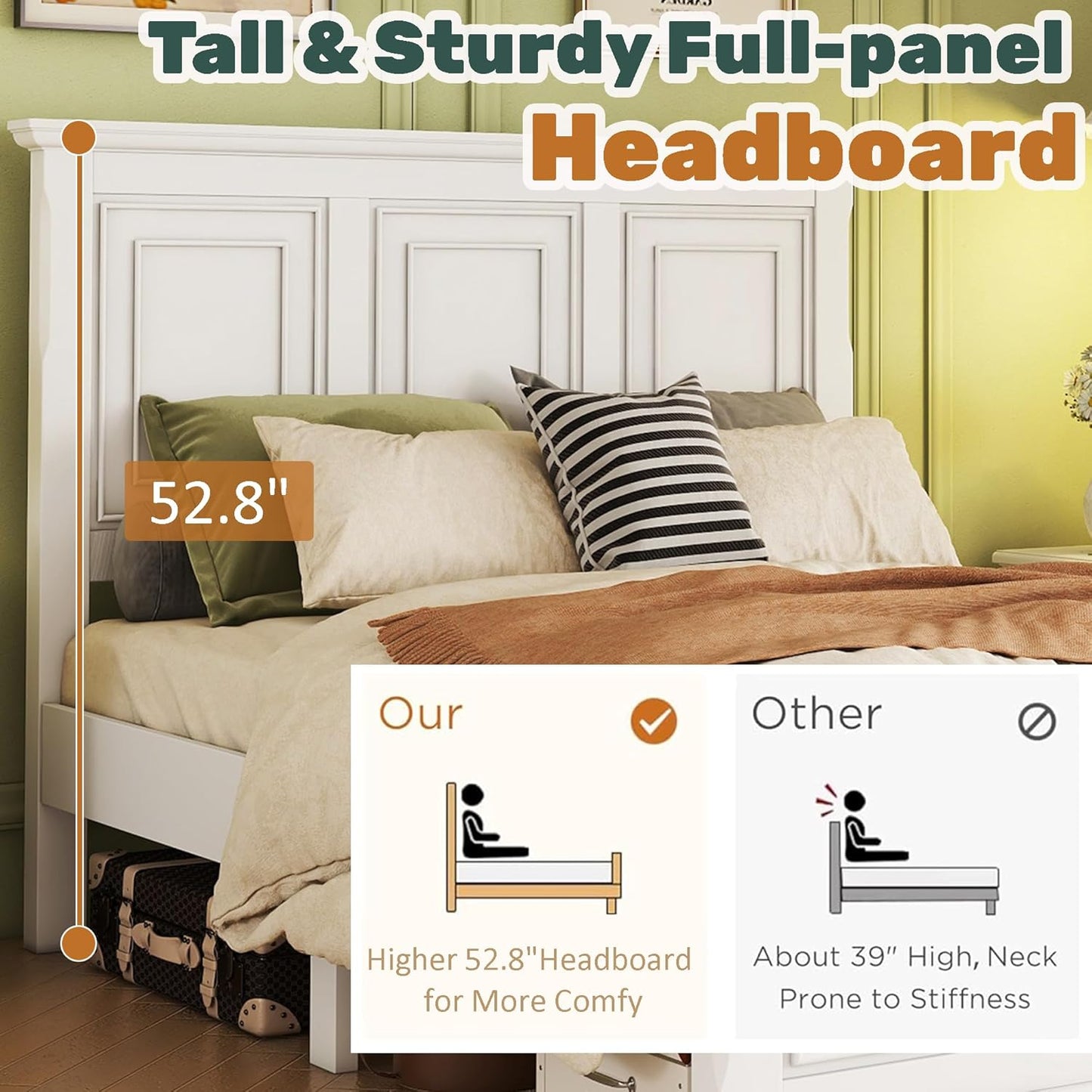 Wood Queen Bed Frame with Tall Headboard and Footboard, Rustic Queen Panel Bed with under Bed Storage, Farmhouse Style, Noise-Free, No Box Spring Needed, White