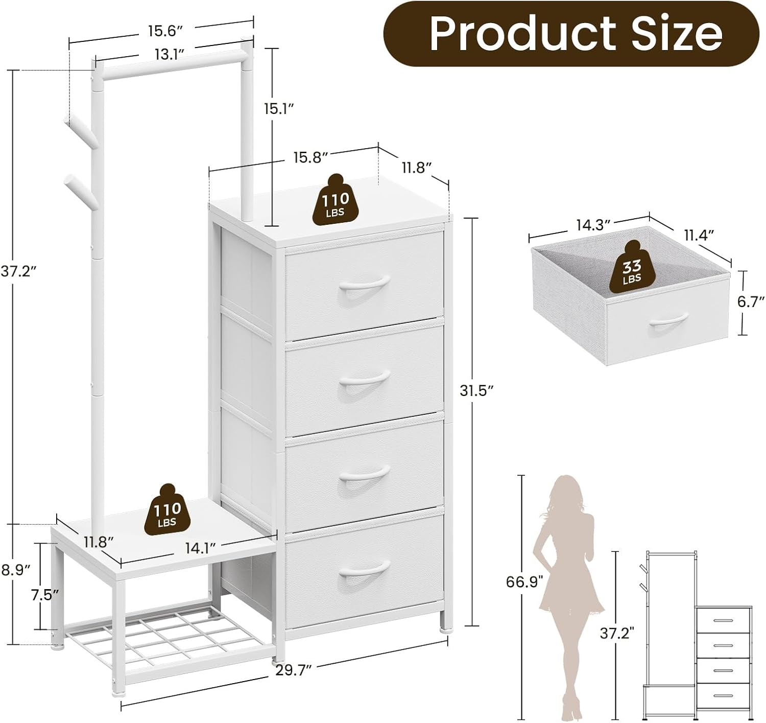 Small Dresser for Bedroom with Clothes Hanging Rack, Reversible Bedroom Dresser with Shoe Rack & 4 Fabric Drawers, 3-In-1 Storage Chest of Drawers with Storage Shelves & Tree Hooks, White