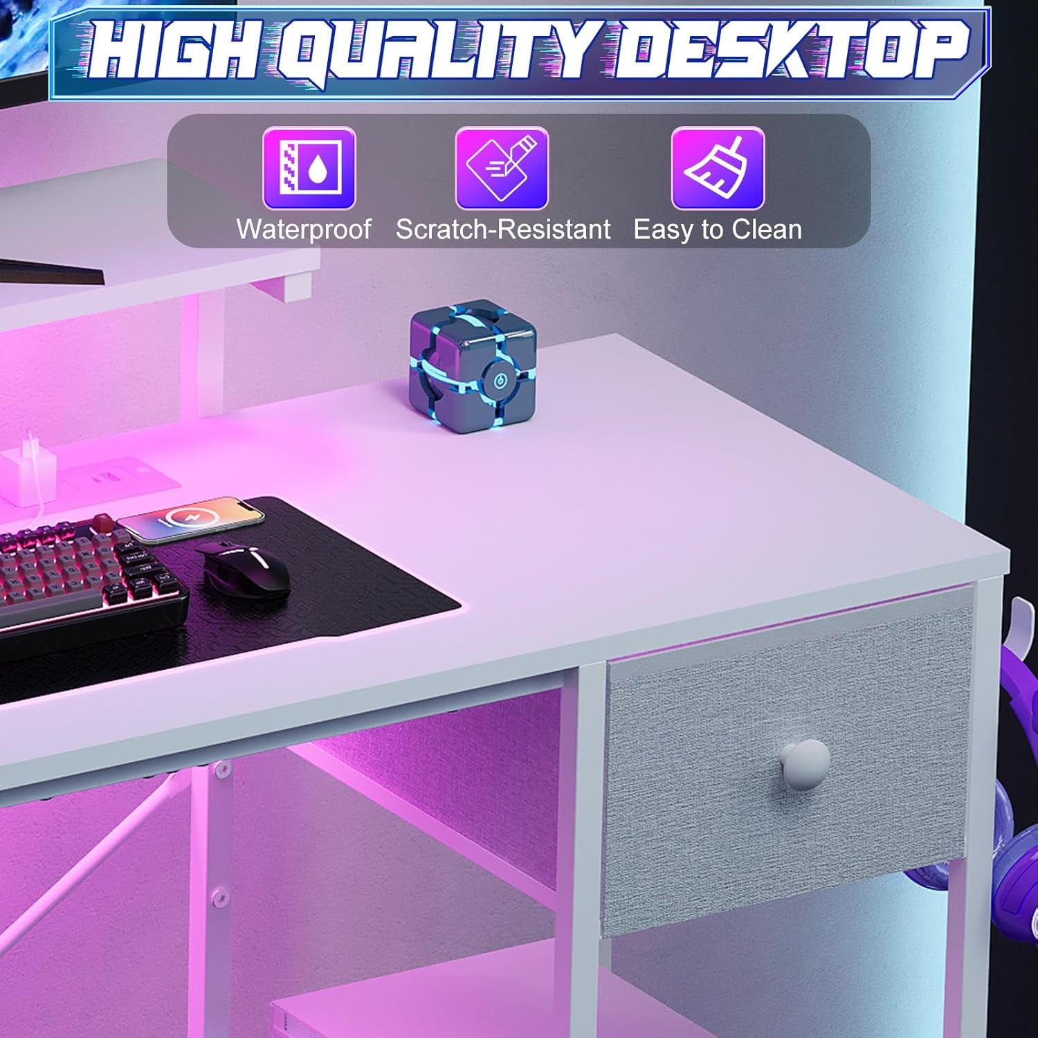 33.5" Small Gaming Desk with LED Lights & Power Outlets, Compact Computer Desk with Monitor Stand & CPU Stand, Gamer Table with Storage Drawer, Side Hooks for Home Office, Bedroom, White