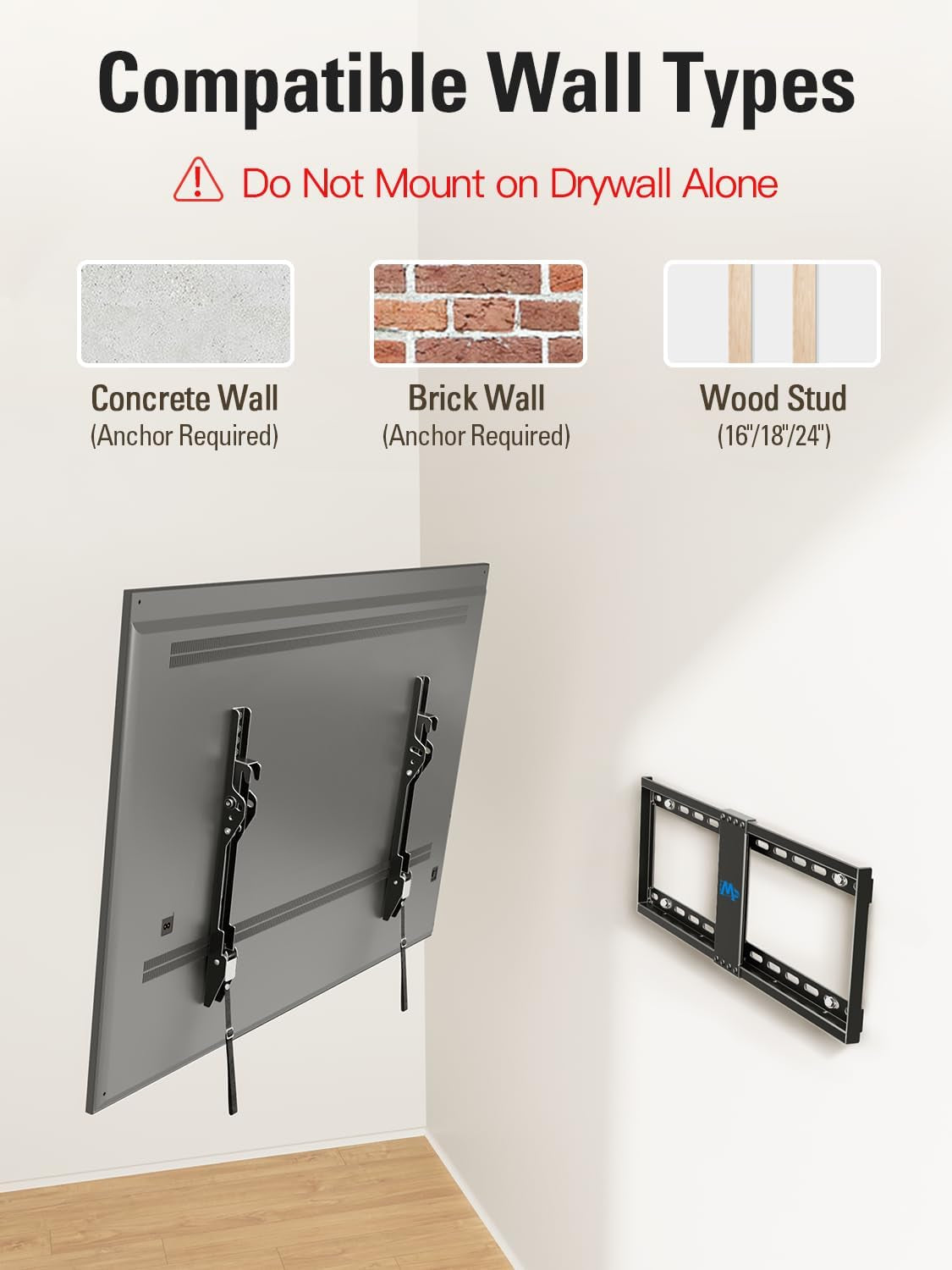 TV Wall Mount for Most 37-75 Inch Tvs, Universal Tilt TV Mount Fit 16", 18", 24" Stud with Loading Capacity 132Lbs, Max Vesa 600 X 400Mm, Low Profile Flat Wall Mount TV Bracket