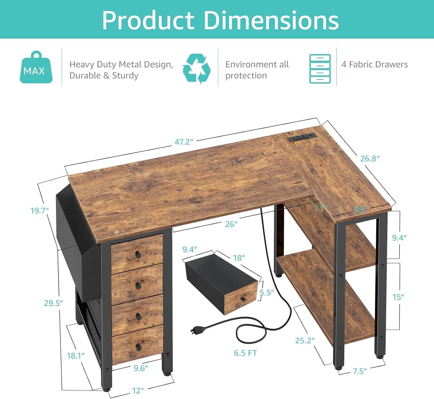 L Shaped Desk with Drawers & Storage Shelves, 47 Inch Small Reversible Corner Desk with Power Outlet for Home Office Bedroom, L-Shaped Gaming PC Computer Desks with Fabric Drawer, Rustic Brown