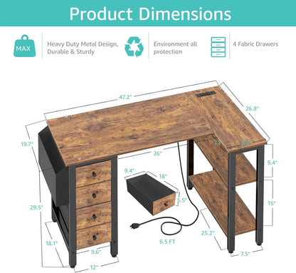 L Shaped Desk with Drawers & Storage Shelves, 47 Inch Small Reversible Corner Desk with Power Outlet for Home Office Bedroom, L-Shaped Gaming PC Computer Desks with Fabric Drawer, Rustic Brown