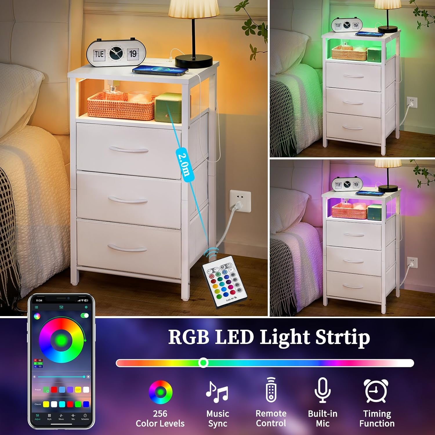 Night Stand with Charging Station, 16 Colors LED Nightstand with USB Ports and Outlets, End Table with 3 Fabric Drawers and Storage Shelf, Bedside Tables Small Dresser for Small Space White