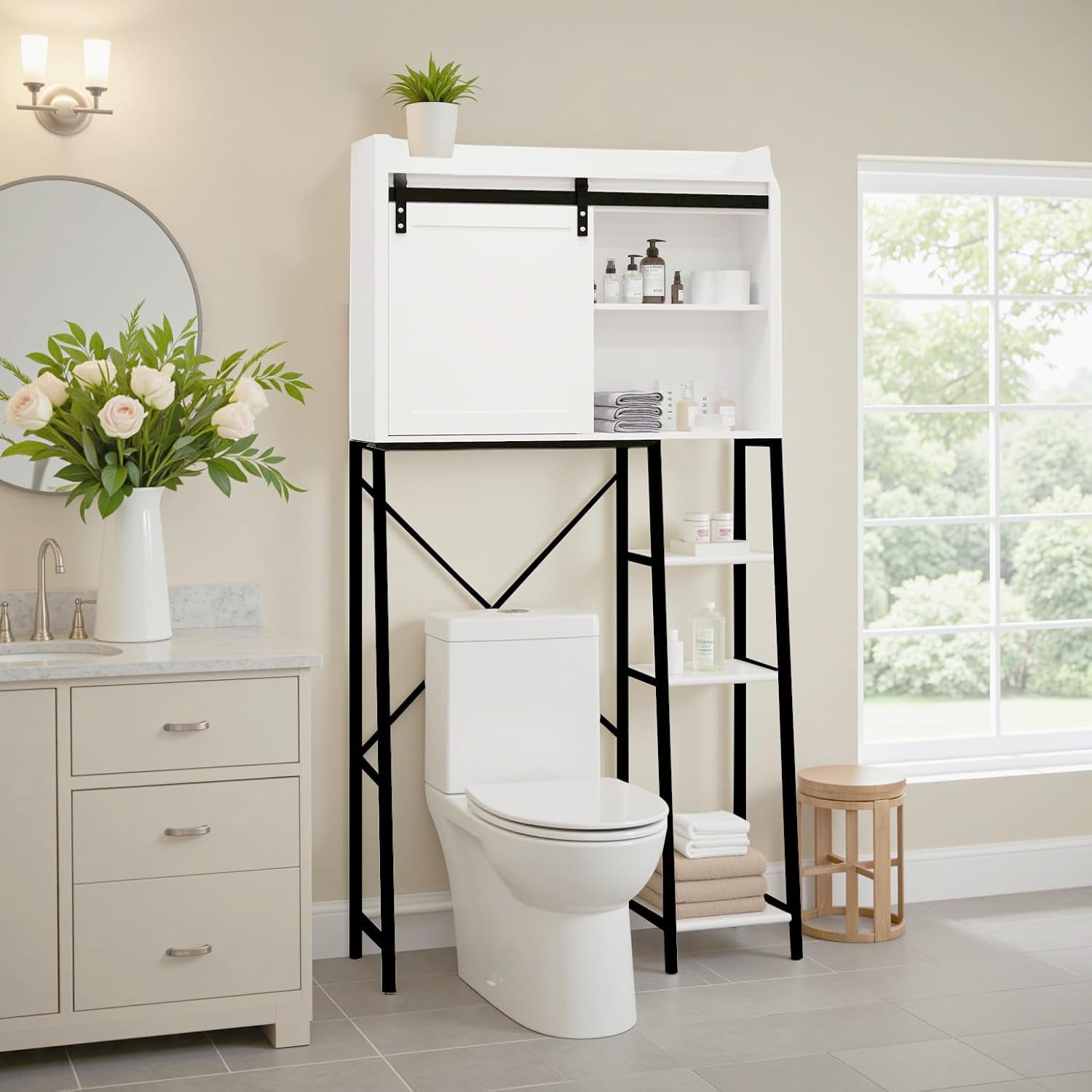 Over the Toilet Storage Cabinet, over Toilet Bathroom Organizer, above Toilet Storage Cabinet with Barn Doors behind Toilet Bathroom Organizer Toilet Paper Holder Stand Laundry Cabinet