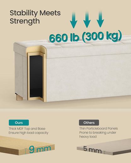 Storage Ottoman Bench, Folding Storage Chest, 15 X 43.3 X 15.7 Inches, Foot Rest Stool, 30 Gal. (112 L), Velvet Surface, for Bedroom, Entryway, Living Room, Cappuccino Beige ULSF0518W02