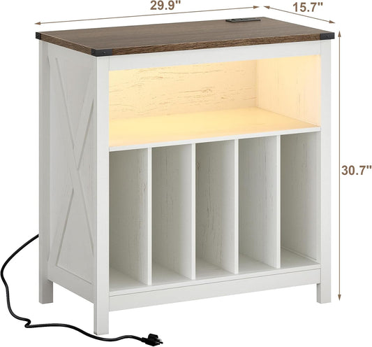 Large Record Player Stand with Charging Station & LED Light, Vinyl Record Holder Hold up to 300 Albums, Farmhouse End Table for Bedroom, Living Room, Antique White
