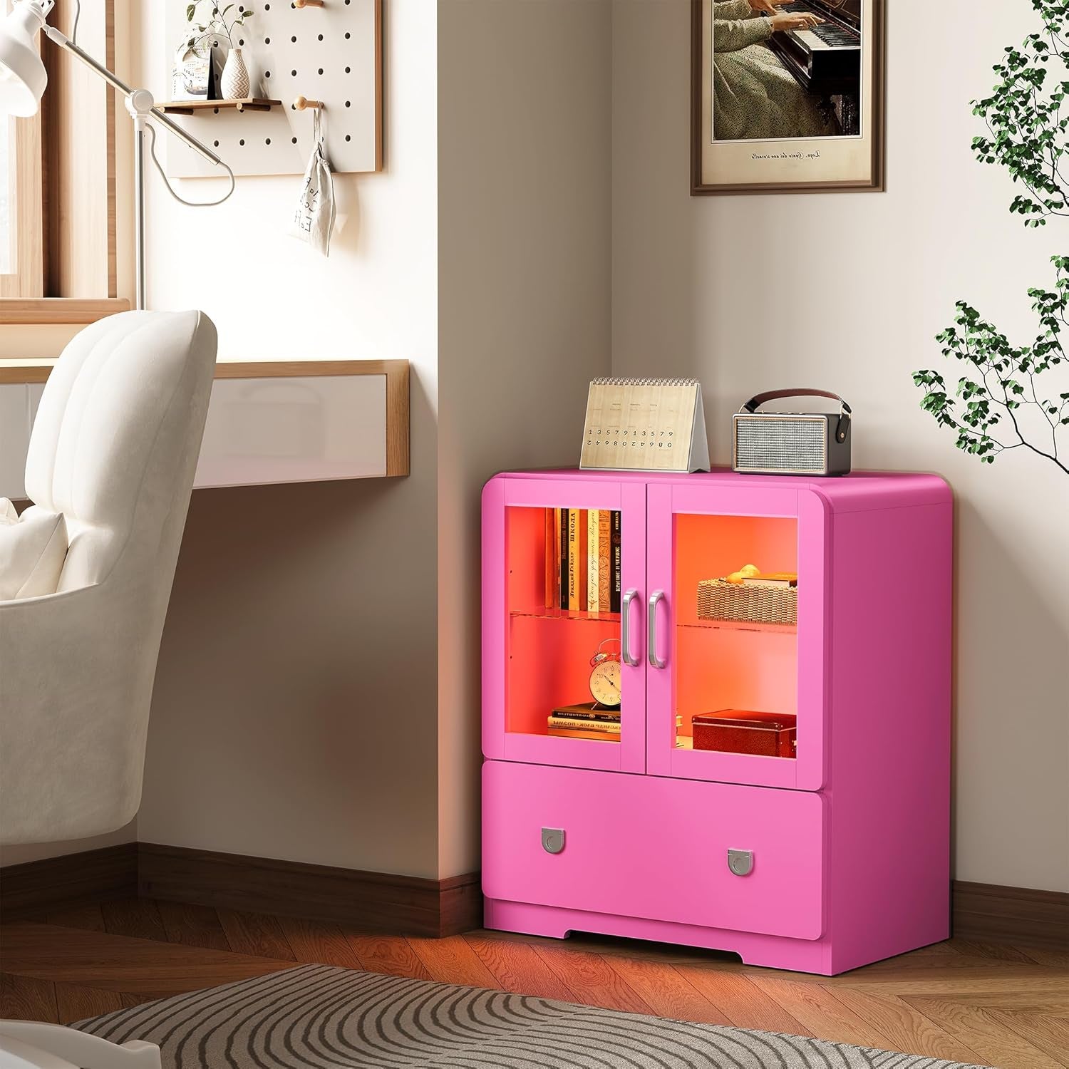 Pink Display Cabinet with Acrylic Doors, 27'' Tall Curio Cabinet with LED Lights, Modern Storage Cabinet with Drawers & Adjustable Shelves, Ideal for Living Room, Child'S Room