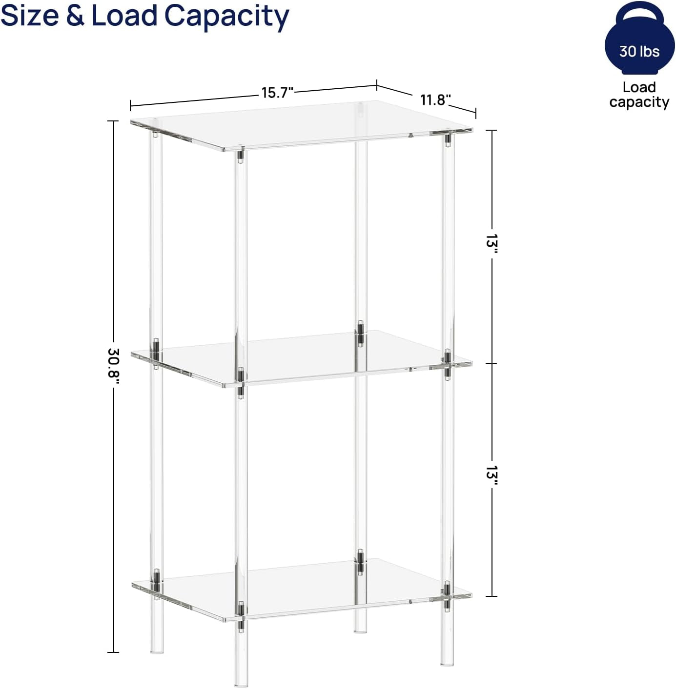 Acrylic Record Player Stand, Turntable Stand with Vinyl Record Storage, Tall Side Table/End Table for Living Room, Bedroom, 3-Tier, Modern, 15.7" L X 11.8" W X 30.8" H, Clear