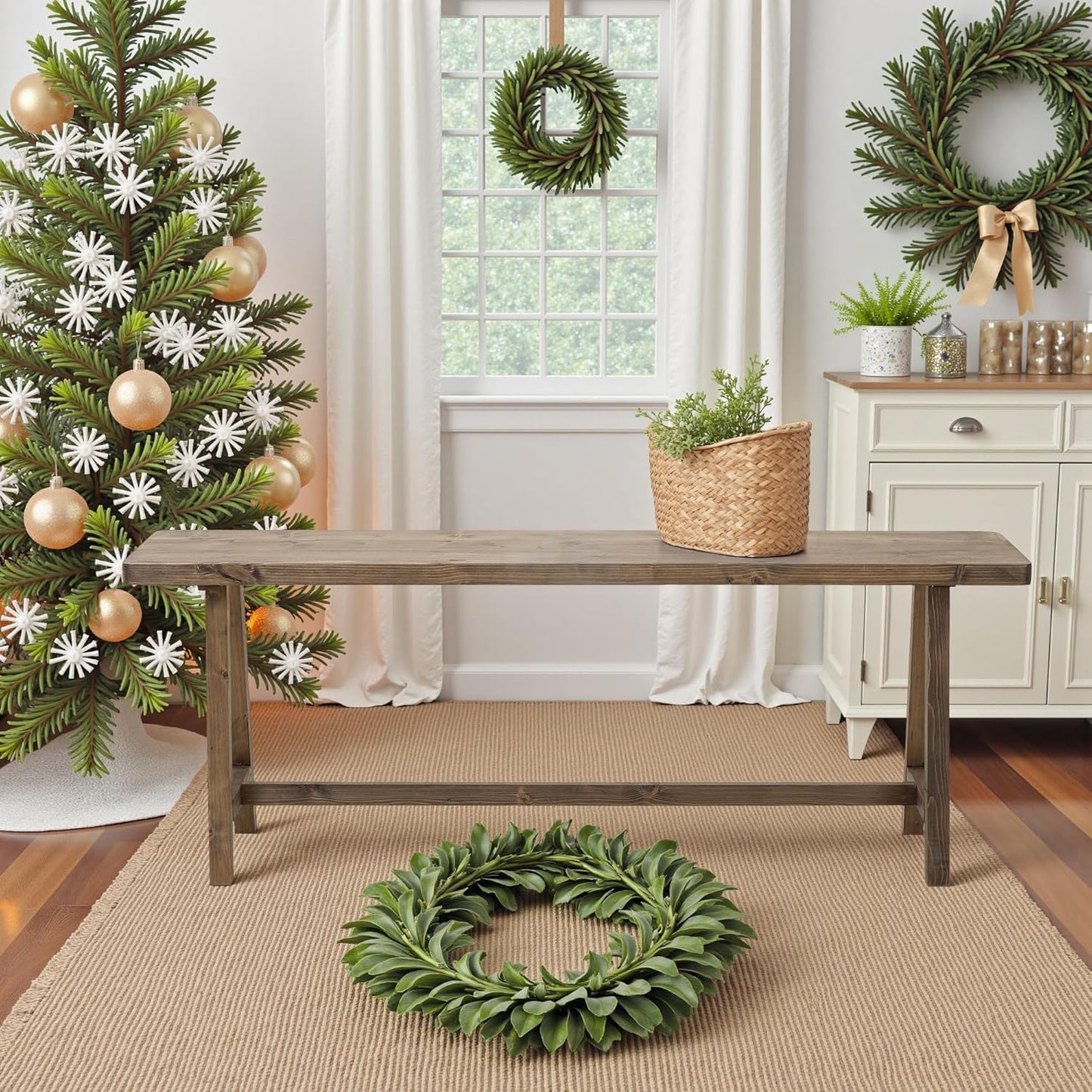 Solid Wood Bench, 47.2” Rustic Farmhouse Entryway Bench for Living Room Dining Room Hallway Closet Room, Indoors & Outdoors Bench