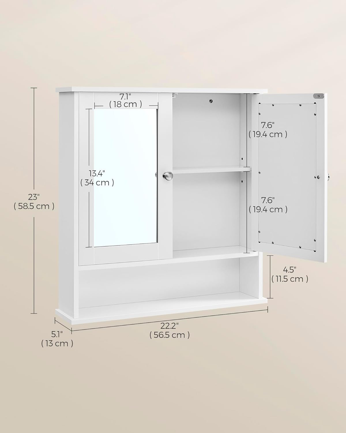 Bathroom Cabinet with Mirror, Wall Cabinet with 2 Mirrored Doors, Adjustable Shelf, Open Compartment, Wall-Mounted, 5.1 X 22.2 X 23 Inches, Dove Gray ULHC002G02