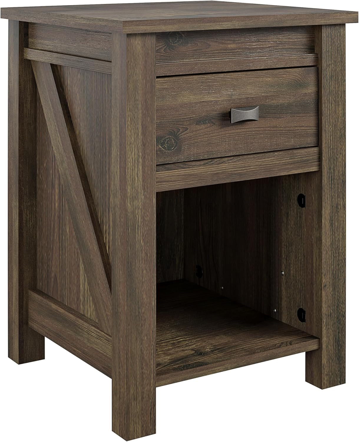 Farmington Country Style Nightstand with Barn Door Design, Concealed Drawer and Open Cubby, Textured Weathered Medium Brown Finish