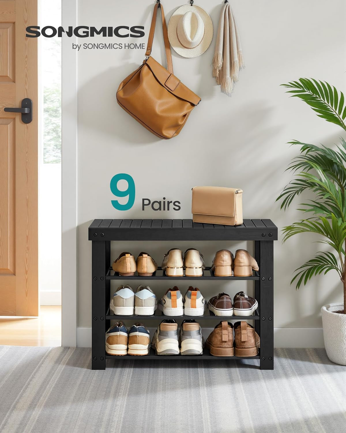 Shoe Rack Bench, 4 Tier Bamboo Shoe Storage Organizer, Entryway Bench, for Living Room, Bathroom, Bedroom, 11.3 X 27.6 X 20.5 Inches, Ink Black ULBS370BH01