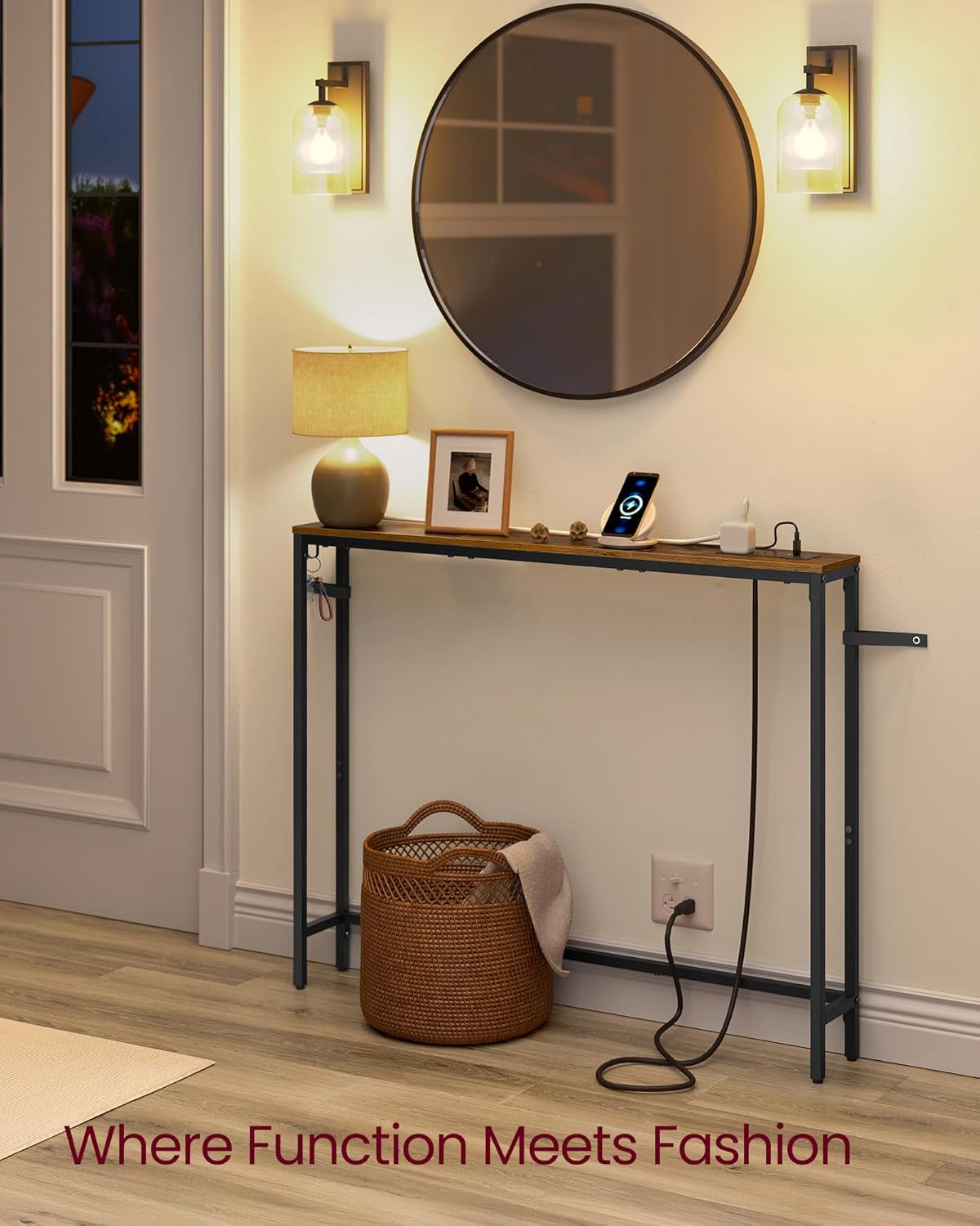 Console Table with Power Outlet, Slim behind Couch Sofa Table, 5.9 X 39.4 X 31.5 Inches, 1 Hook, Easy Assembly, for Entryway, Living Room, Rustic Brown and Ink Black ULNT079K01