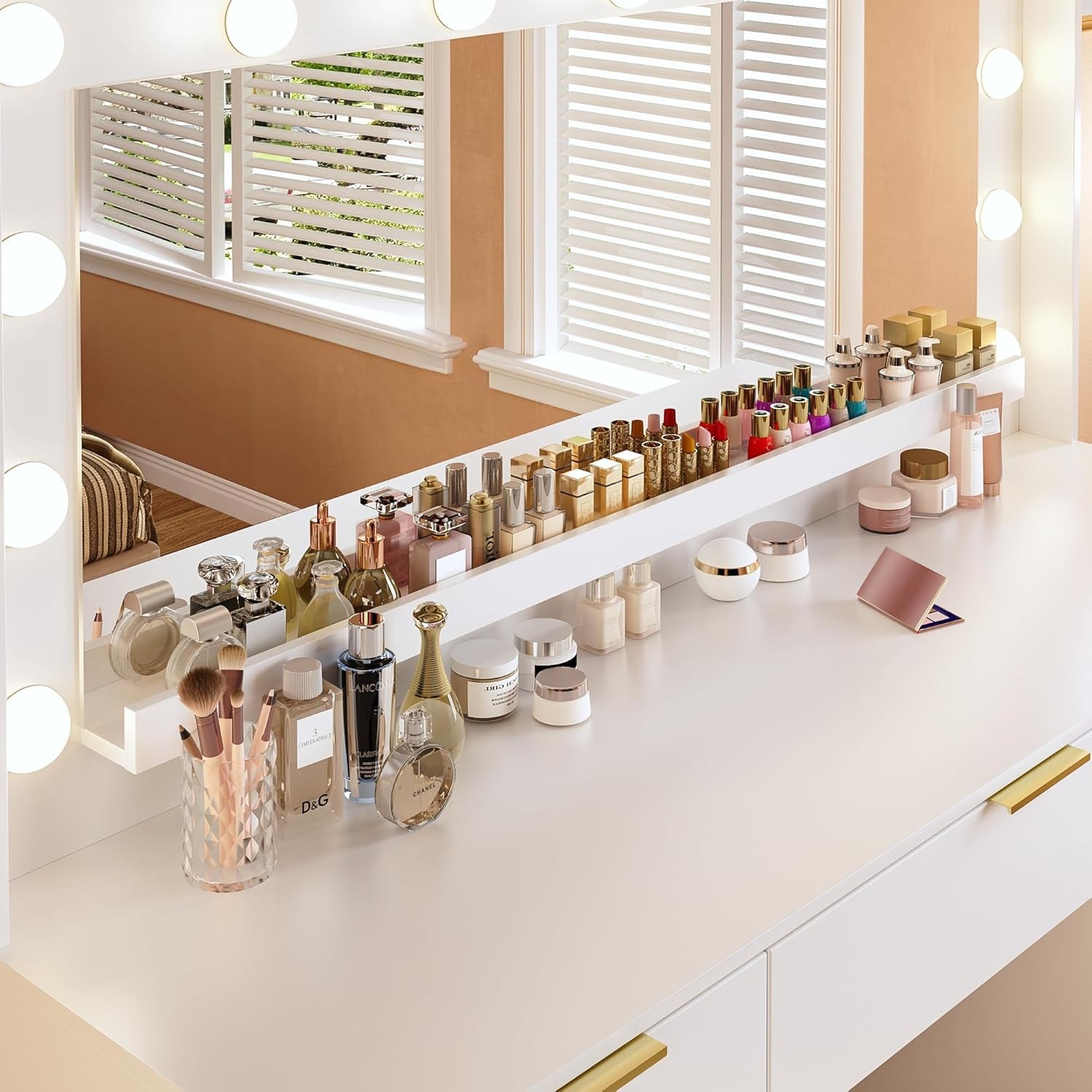 Vanity Desk with Large Mirror and Lights, 45.3In Makeup Vanity with Power Outlet 9 Drawers & Storage, 3 Lighting Color Adjustable, White Vanity Desk for Bedroom