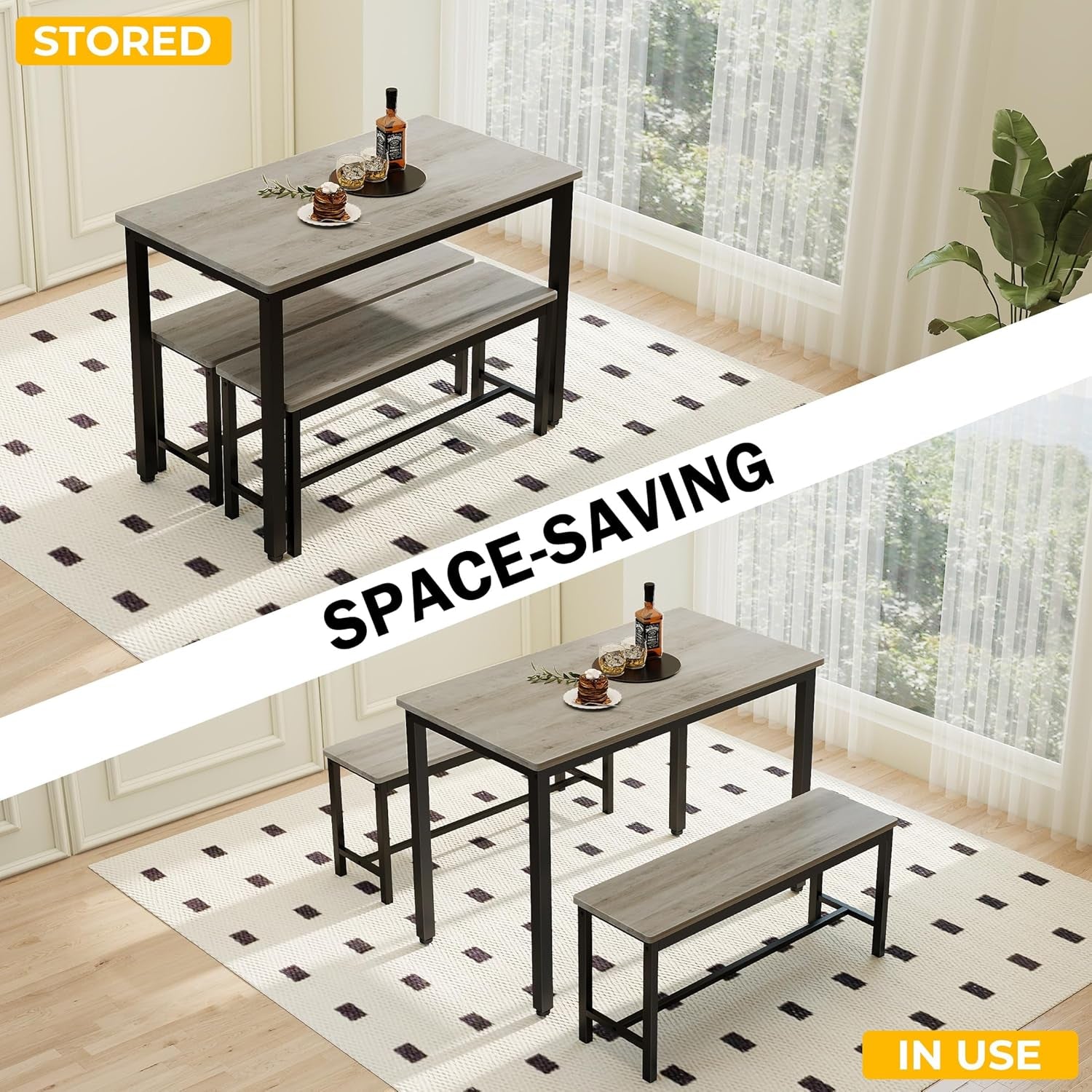 Sturdy Durable Dining Table Set for 4 with Bench, Easy to Assemble Kitchen Table with Bench, Space-Saving Ideal 4-Person Set,Grey