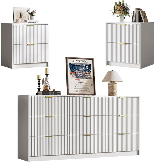 3-Piece Dresser Bedroom Set, 9 Drawer Dresser & 2 Drawer Nightstands with Gold Handles, Fluted Wood Chest of Drawers for Bedroom, Living Room, Entryway, White