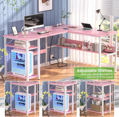 Reversible L Shaped Desk with Magic Power Outlets and USB Charging Ports, Sturdy Corner Computer Desk with Storage Shelves, Gaming Table Home Office Desk, Easy to Assemble, Pink