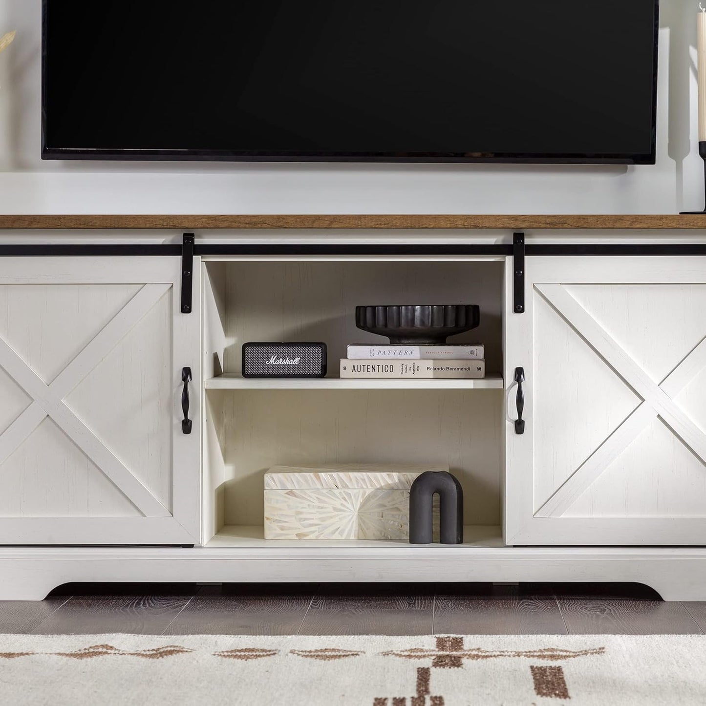 Corbin Modern Farmhouse Sliding X Barn Door TV Stand for Tvs up to 80 Inches, 70 Inch, Reclaimed Barnwood and Brushed White