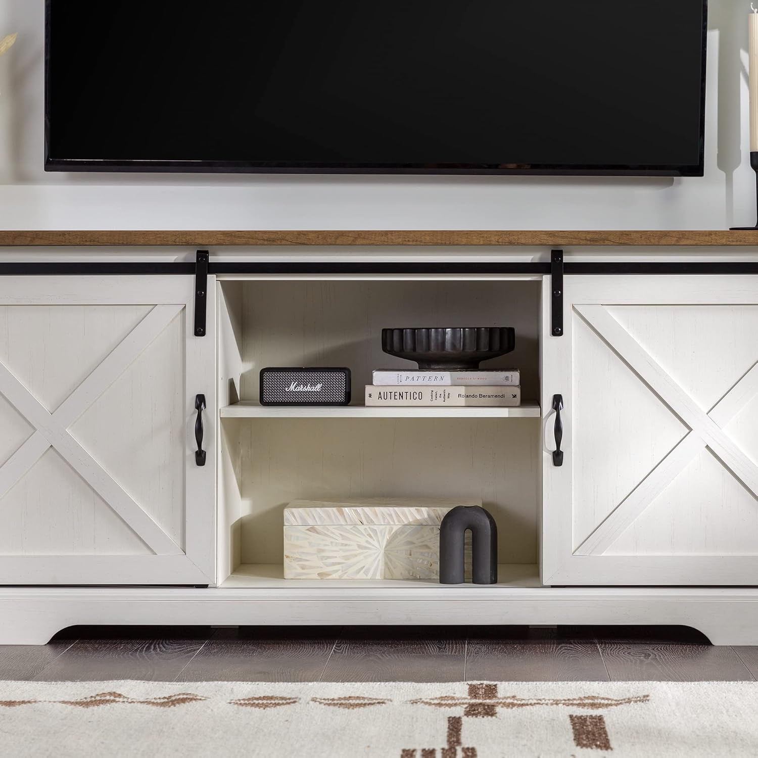 Corbin Modern Farmhouse Sliding X Barn Door TV Stand for Tvs up to 80 Inches, 70 Inch, Reclaimed Barnwood and Brushed White