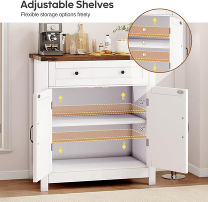 30" Coffee Bar Station, Kitchen Sideboard Buffet Cabinet with a Drawer and Adjustable Shelf, Modern Farmhouse Storage Cabinet for Kitchen, Living Room, Entryway, White