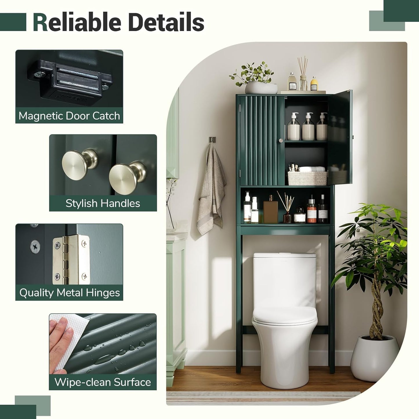 over the Toilet Storage Cabinet, Bathroom Organizer W/Fluted Doors, Adjustable Shelf&Bottom Bar, Open Storage Cube, Space-Saving above Toilet Storage Cabinet for Laundry (Forest Green)
