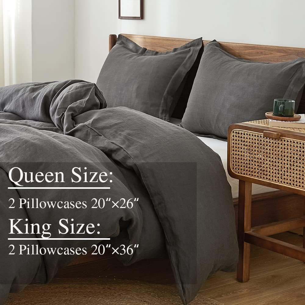 100% Linen Pillow Case King Size Set of 2, Dark Grey Pillow Covers with Overlap Closure, Luxury Breathable Pillowcases Protectors Suitable for All-Season (20" X 36", Dark Grey)