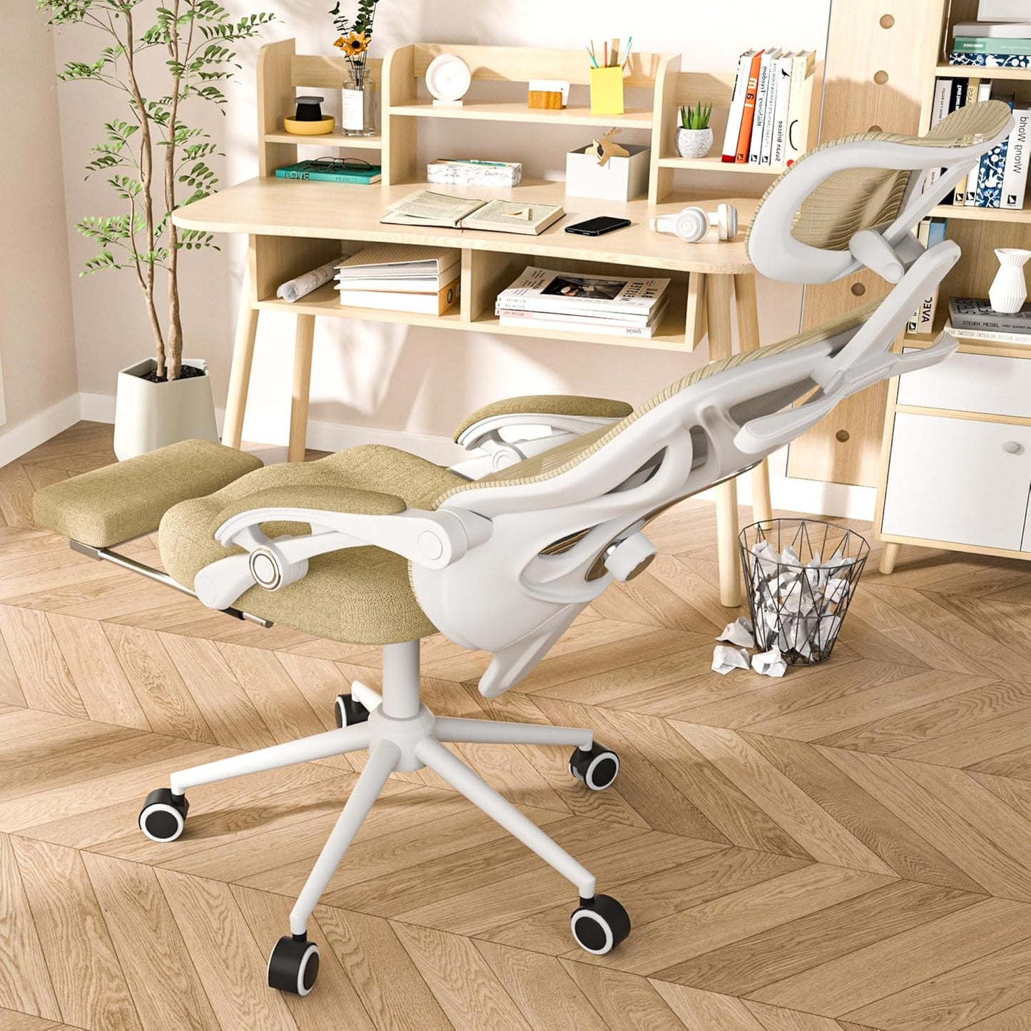 Ergonomic Office Chair - Adjustable Lumbar & Headrest, 90-160° Reclining with Footrest, Breathable Mesh Back - Home Office/Gaming Computer Chair (Beige, 300Lbs Capacity)
