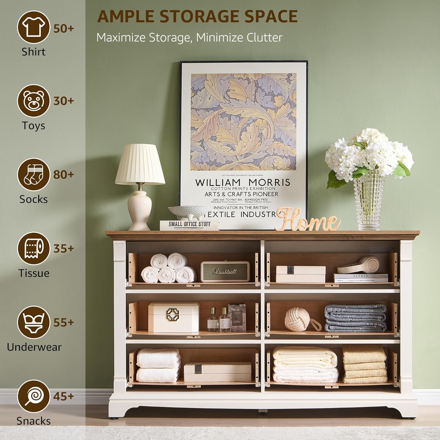 Farmhouse 6 Drawers Dresser for Bedroom, 54" Wide Large Dressers & Chests of Drawers W/Roman Column, Wooden Dresser TV Stand with Large Drawers for Nursery Bedroom Living Room Hallway, Antique White