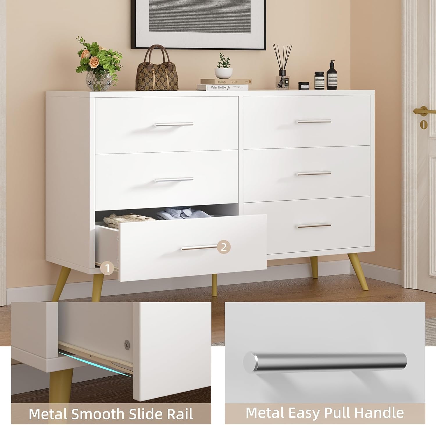 6 Drawer Dresser, Wide Chest of Drawers Organizer Storage with Drawers, Large Storage Cabinet, Modern Design Dresser for Bedroom, Living Room, Porch, White