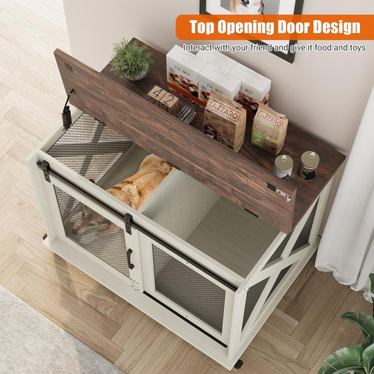 37" Dog Crate Furniture, Side End Table, Farmhouse Dog Crate with Sliding Barn Door, Flip Top Wooden Dog Kennel with Wheels and Movable Divider, Indoor Dog Cage House for Medium Dogs