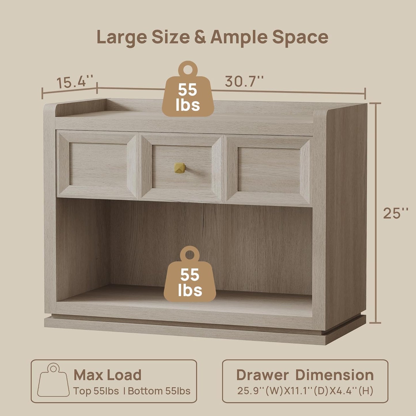 31" Wide Nightstands Set of 2, Large Night Stands with Drawer, Oversized King Size Nightstand Bedside Table for Bedroom, Farmhouse End Side Table Set of 2 with round Corners,Grey White Oak