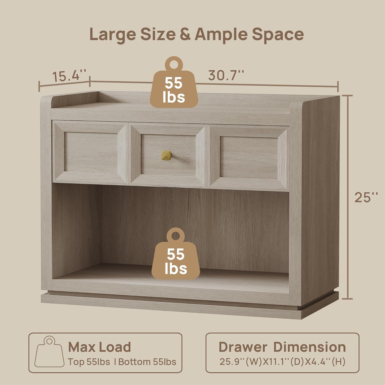31" Wide Nightstands Set of 2, Large Night Stands with Drawer, Oversized King Size Nightstand Bedside Table for Bedroom, Farmhouse End Side Table Set of 2 with round Corners,Grey White Oak