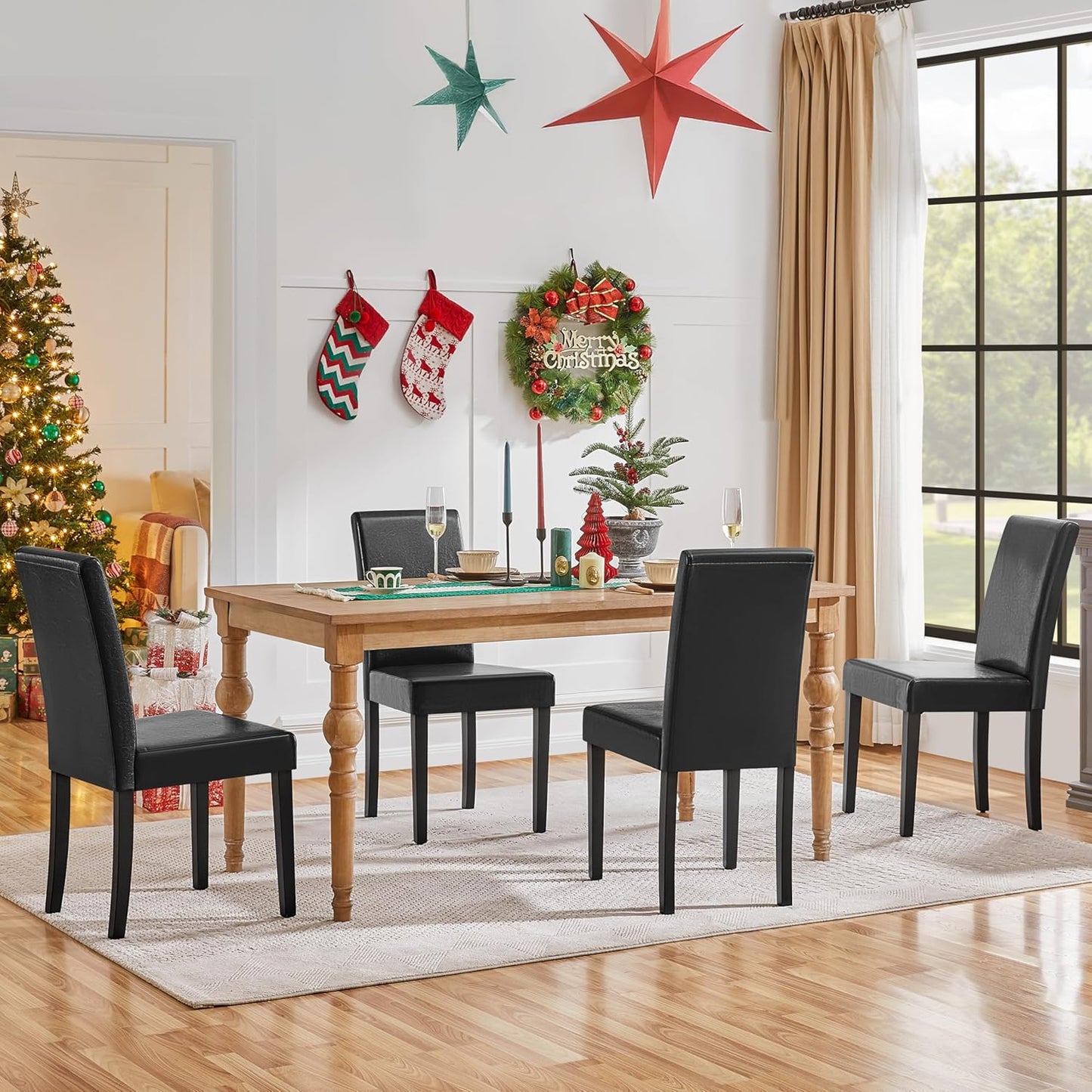 Dining Chairs Set of 4 PU Leather Upholstered Parsons Dining Chairs with Solid Wood Legs for Kitchen/Living Room/Restaurant, Modern Style, Black