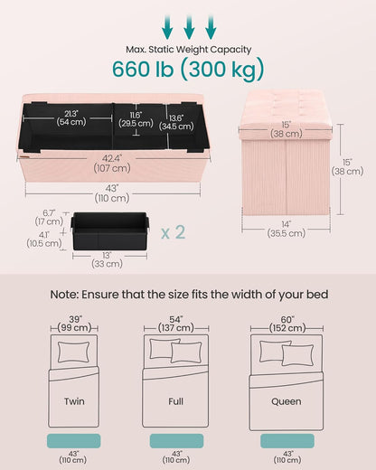 MAZIE Collection - Storage Ottoman Bench, Foldable Foot Rest, 15 X 43 X 15 Inches, End of Bed Bench, Storage Chest, Load 660 Lb, Living Room, Bedroom, Entryway, Jelly Pink ULSF604R01