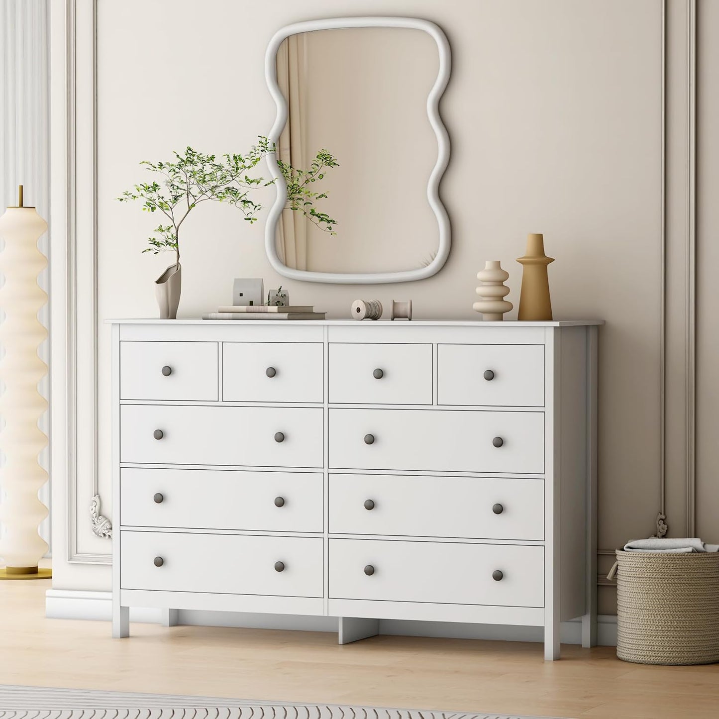 10 Drawer Dresser, 55" Modern White Dressers and Chests of Drawers, 10 Drawer Wide Dressers for Bedroom