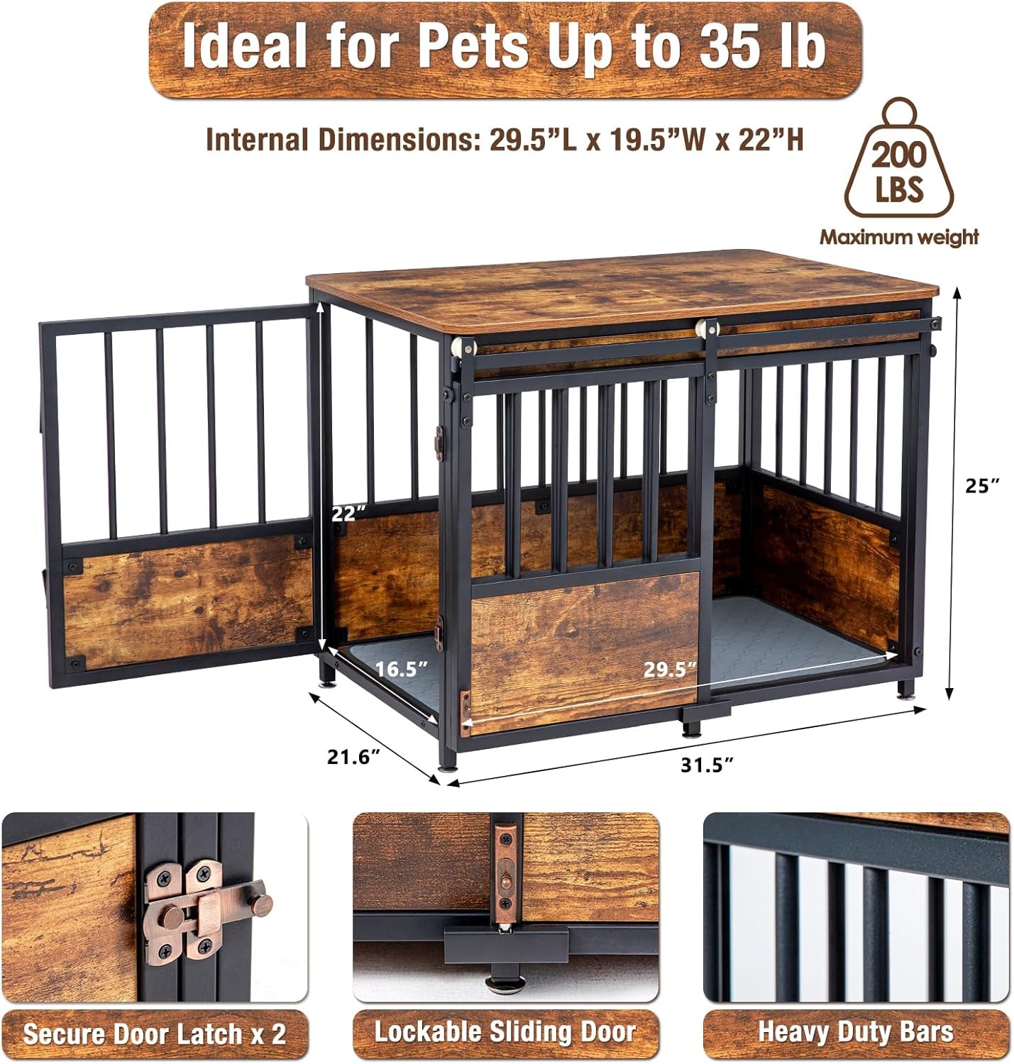 32 Inch Dog Crate Furniture with Cushion for Large Medium Dogs, Wooden Heavy Duty Dog Kennel with Double Doors, Decorative Pet House Dog Cage Side End Table Indoor, Sliding Door Chew-Resistant