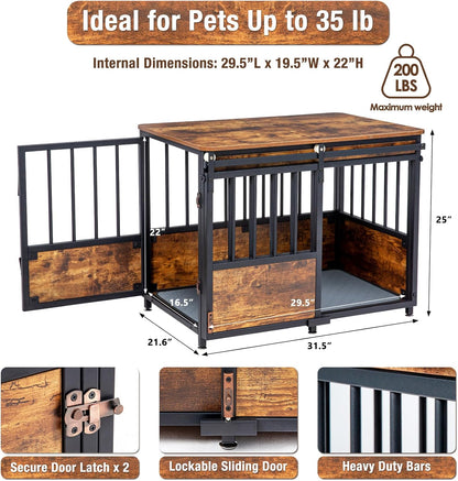 40 Inch Dog Crate Furniture with Cushion for Large Medium Dogs, Wooden Heavy Duty Dog Kennel with Double Doors, Decorative Pet House Dog Cage Side End Table Indoor, Sliding Door Chew-Resistant