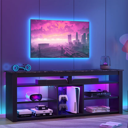 TV Stand for 70 Inch TV, Tall Entertainment Center with 2 Led Lights, Gaming TV Console with Storage for PS5, Modern TV Cabinet for Bedroom, Living Room, Black Marble