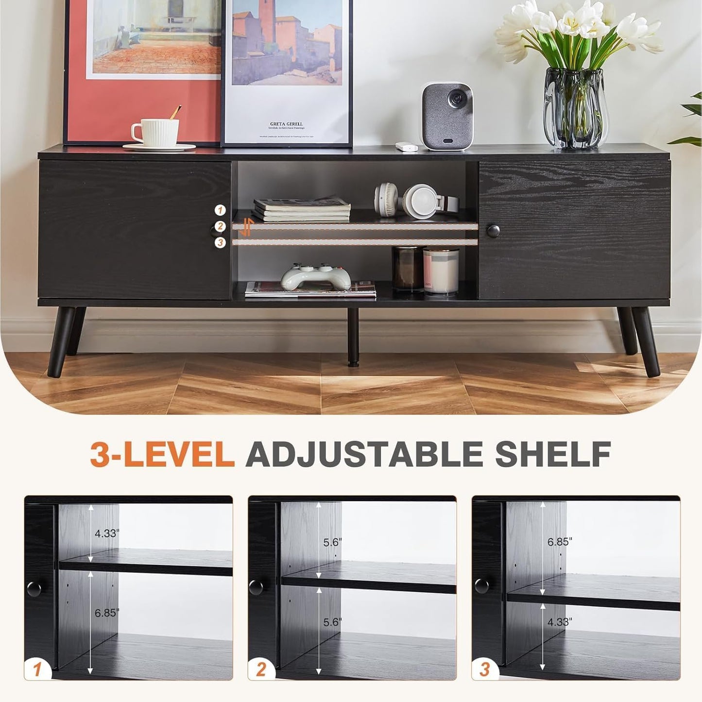 TV Stand for 55 60 Inch TV, Modern Mid Century Entertainment Center with Storage, Media Console Table 2 Cabinet, Soft Hinge, Handle Door, Wooden Living Room, Office Furniture, Pure Black