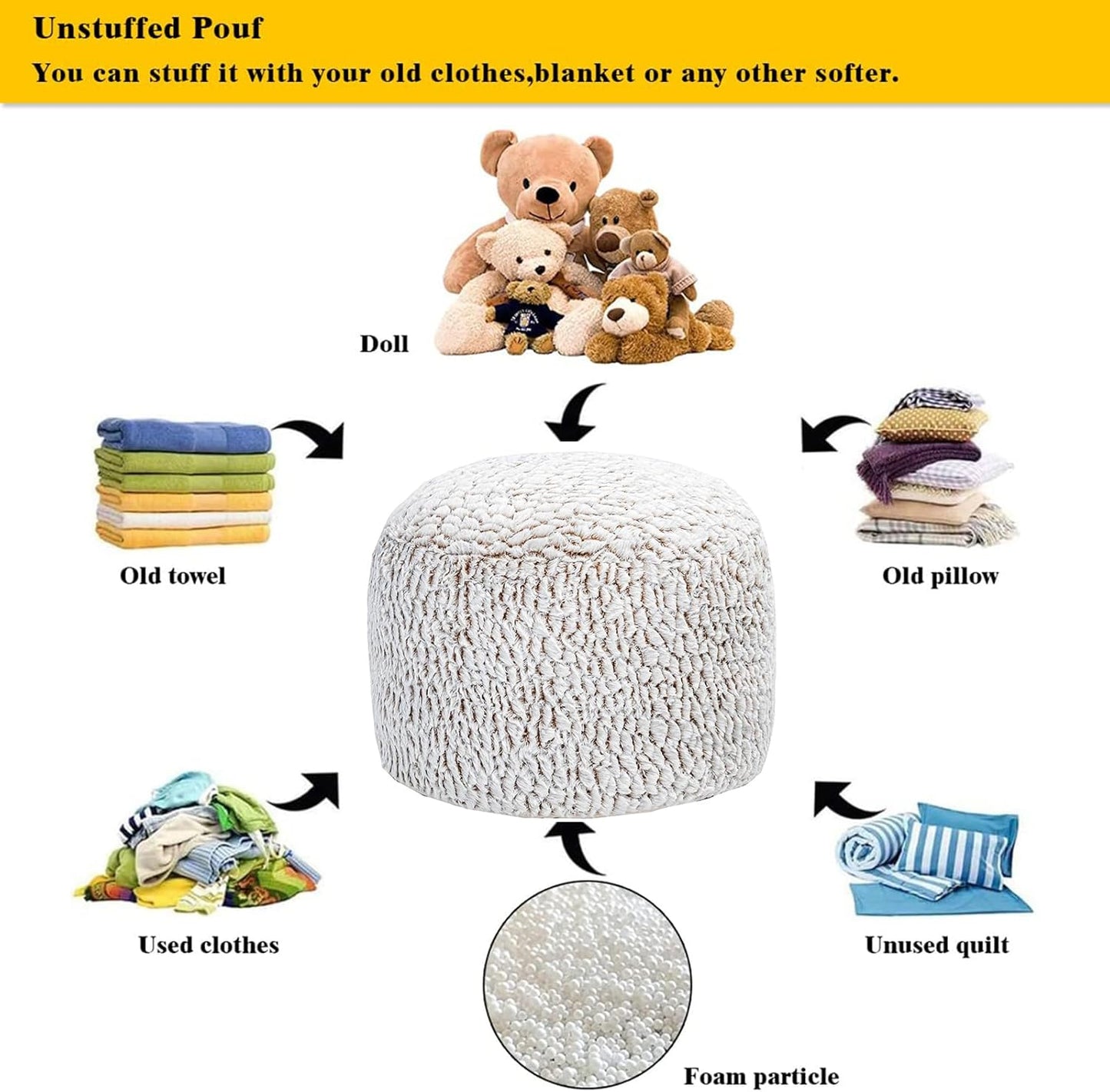 Pouf Ottoman Unstuffed Ottoman Foot Rest No Filler Soft Fur Foot Stool 20X20X12 Inches Fuzzy Chair Floor Pouf Chair with Storage for Living Room Bedroom Snow Coffee