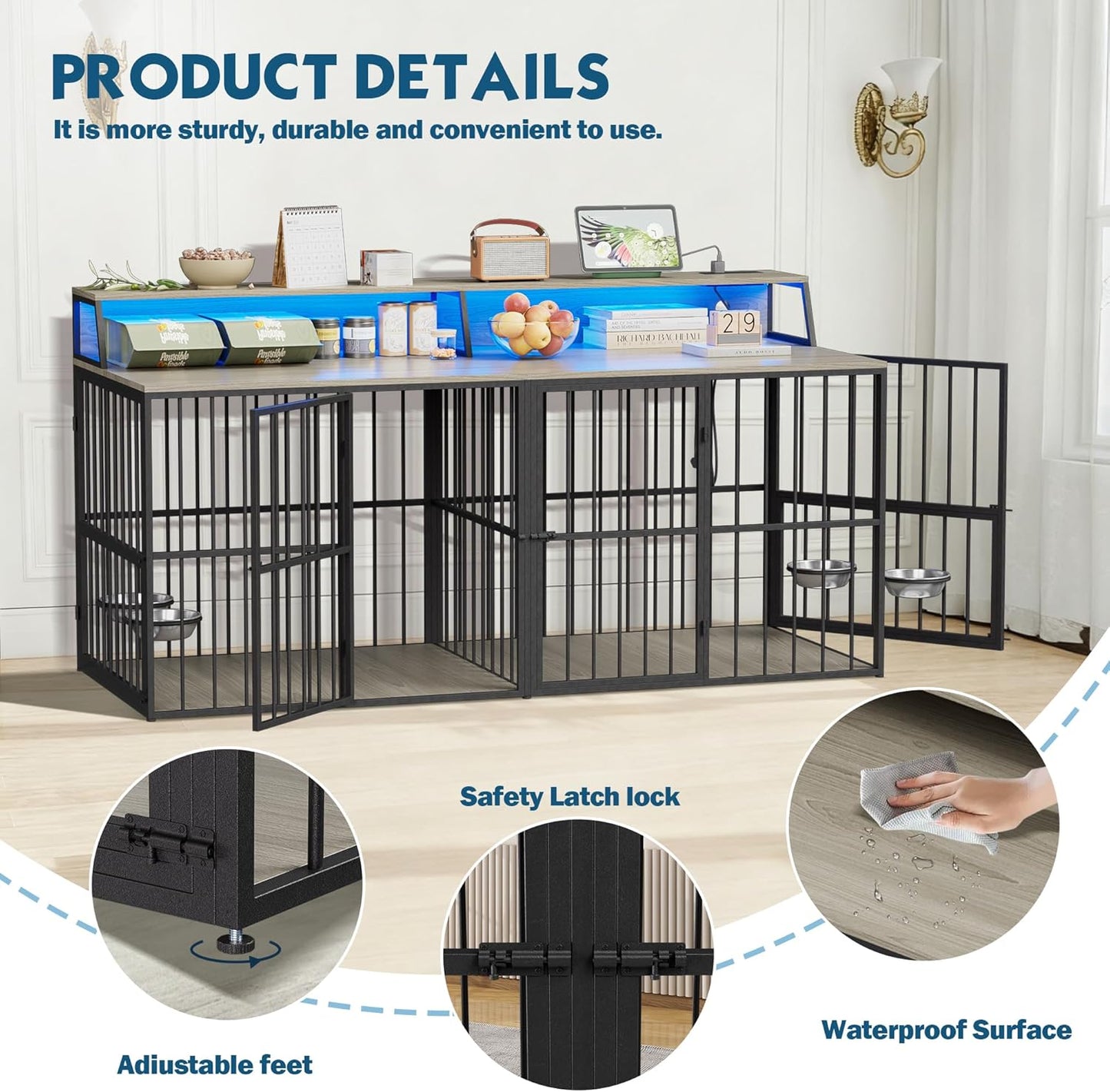 71.5" Dog Crate Kennel Furniture Indoor, Large Double Dog Crate TV Stand W/Led Light & Power Outlet, Furniture Style Wooden Dog Cage for Large Medium Dogs W/4 Lockable Doors & Rotating Bowls