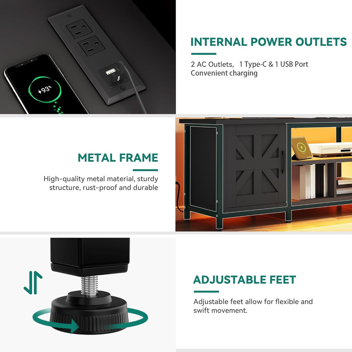 TV Stand with LED Lights & Charging Station, Farmhouse Entertainment Center with Storage Cabinets & Shelves, Cross-Pattern Doors, Fits Tvs up to 70'', TV Consoles for Living Room, Black