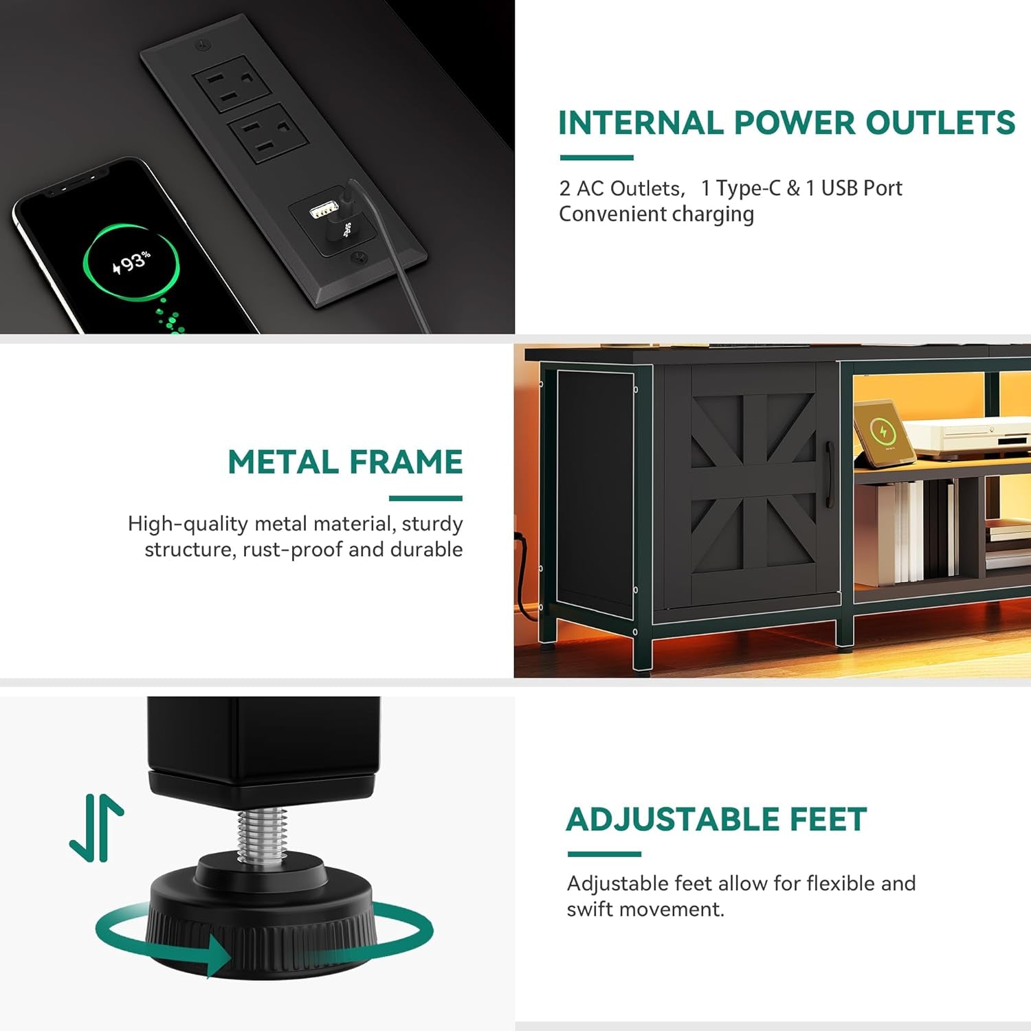 TV Stand with LED Lights & Charging Station, Farmhouse Entertainment Center with Storage Cabinets & Shelves, Cross-Pattern Doors, Fits Tvs up to 70'', TV Consoles for Living Room, Black