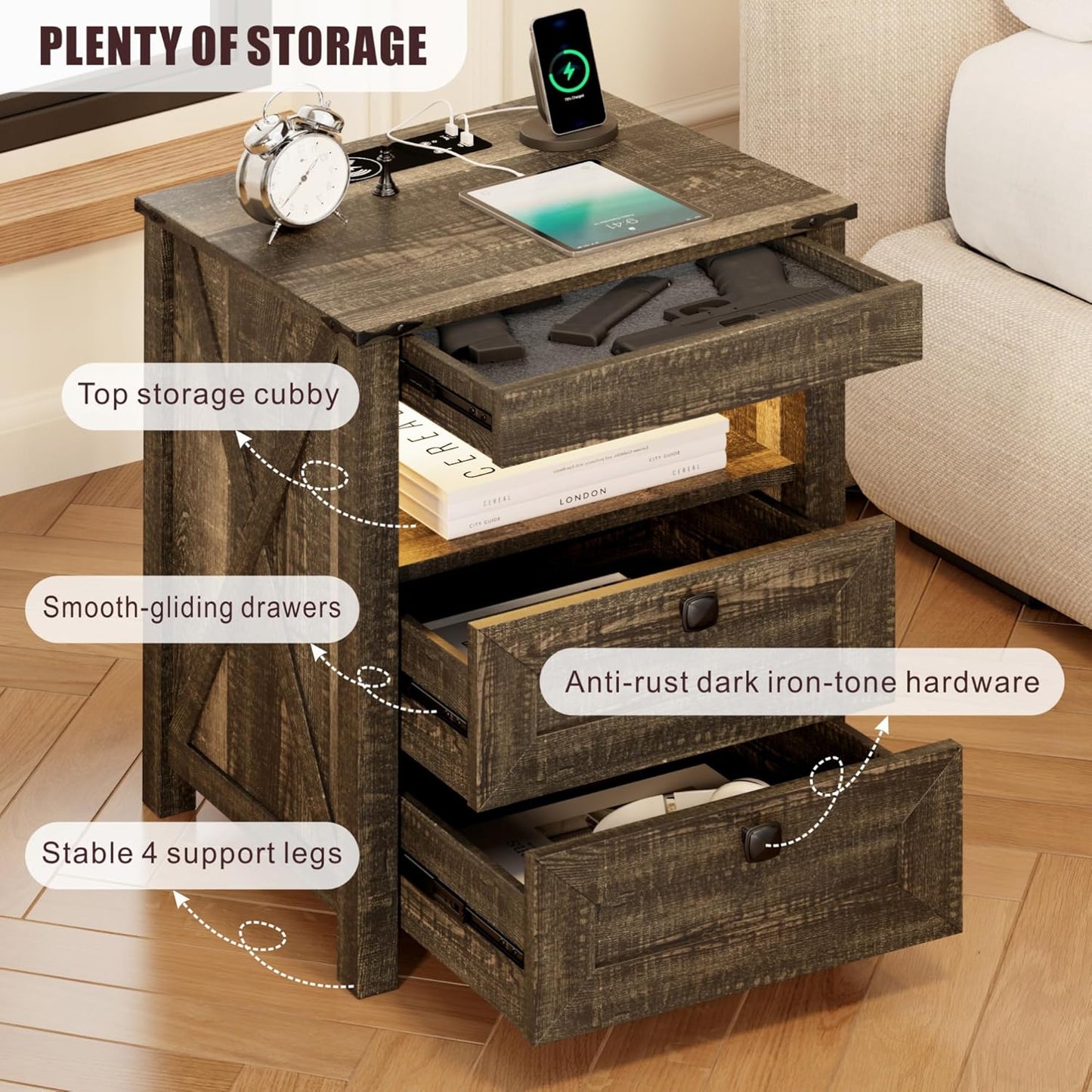 Nightstands Set of 2 with Gun Drawer, Farmhouse Bedside Table with Charging Station, Gun Night Stand with LED Light & Human Sensor, Smart End Table for Bedroom, Rustic Brown